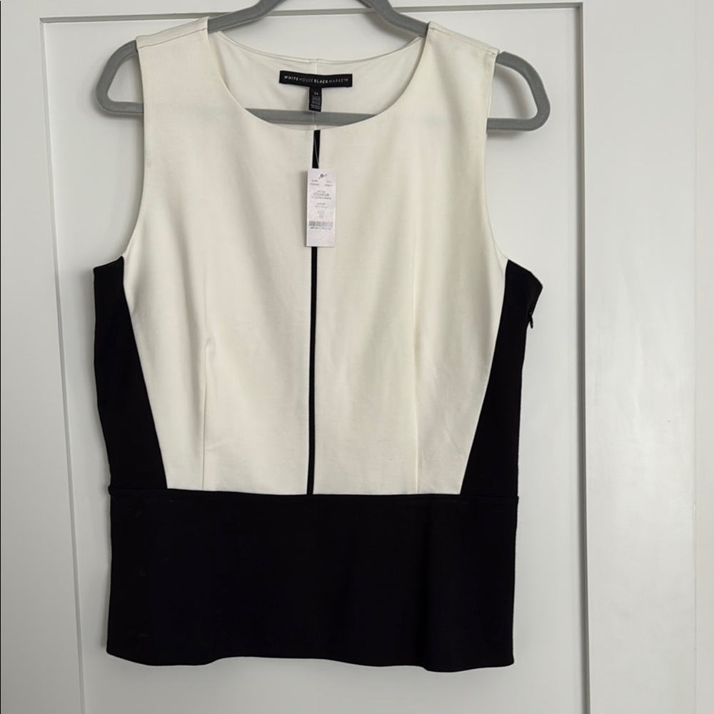 NWT White House Black Market Peplum Blouse in Cream and Black